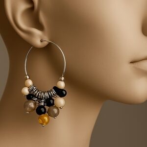 Women's Stunning Silver-Tone Hoop Colorful Cluster Beads Design Drop Earrings 2"